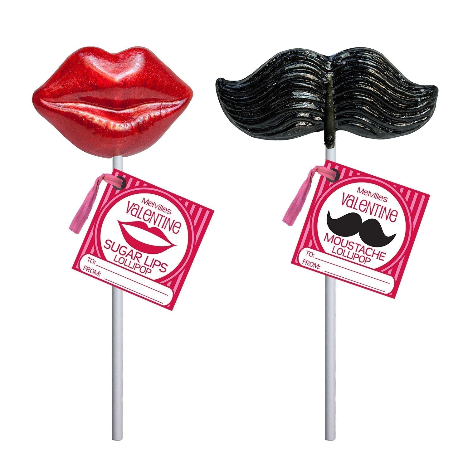 Melville Candy Hard Candy Valentine Red Lips Lollipop, With Red Glitter - 3  Count Gusset Bag 