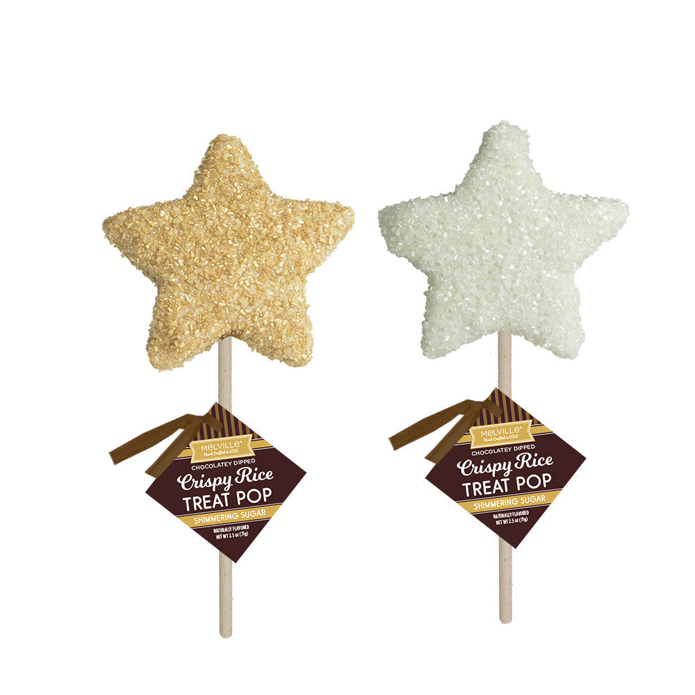 Chocolatey-Dipped Sugar Crystal Rice Treat Pops - White & Gold Stars (18ct)